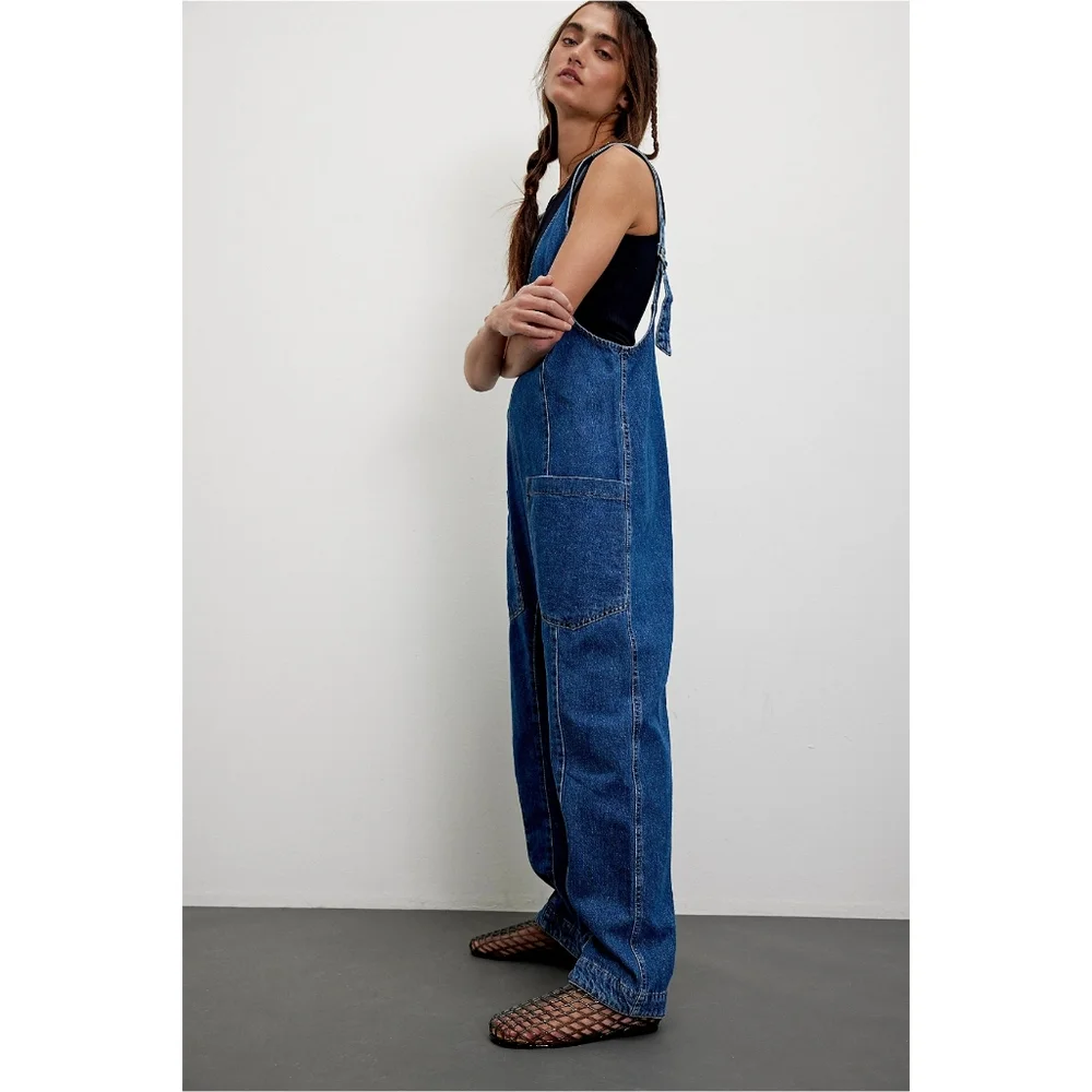 Free People Blue Denim V-Neck Utility Jumpsuit